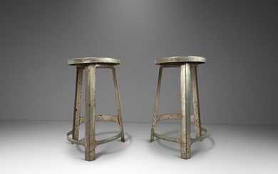 Set of Two (2) French Hammered Solid Aluminum Industrial Counter Height Bar Stools France c. 1970s