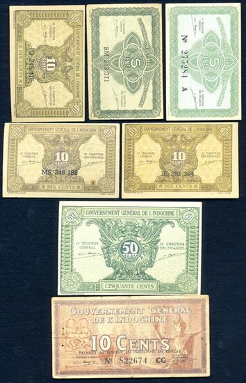 Seven (7) c1940s Indochinese Banknotes