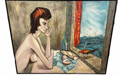 Signed Acrylic Painting on Board Depicting a Nude Woman