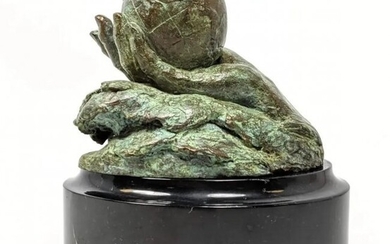 Signed Bronze Figural Sculpture. Hand holding world glo