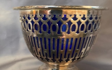 Silver Plate Bowl with Blue Glass
