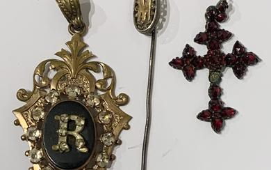 Silver tie pin, silver cross with garnet-like glass and metal pendant with “R”, late 19th Century.