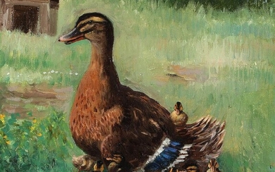 SOLD. Simon Simonsen: A duck with her litter of ducklings. Signed and dated Simon Simonsen,...