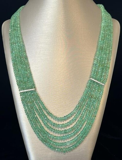 Six-Strand Graduated Emerald Bead and Diamond Necklace, 18k Gold