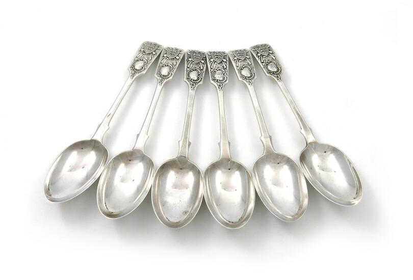 Six matched silver regimental tablespoons