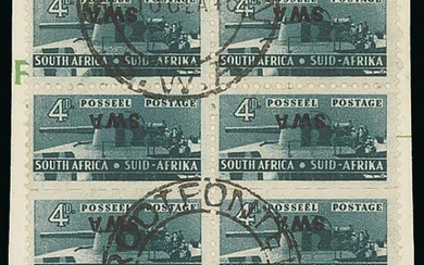 South West Africa 1943 4s. slate-green, block of eight comprising four bilingual pairs, variet...
