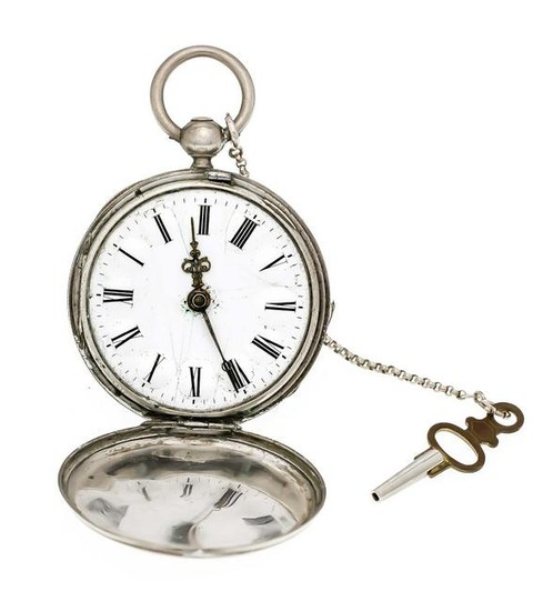 Spring lid pocket watch silver, lever escapement, clock...