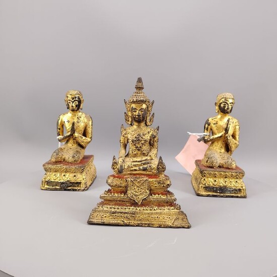 Statues (3) - Gilt bronze - Set bouddha et adorants - Thailand - Rama VI (1910-1925)