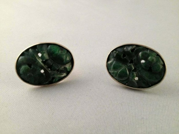 Sterling Silver Oval Chinese Carved Jade Earrings