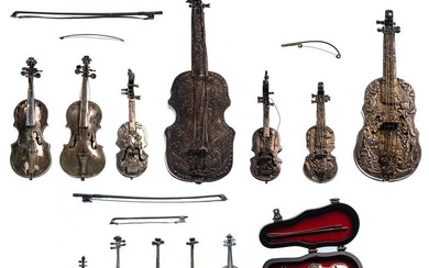 Sterling Silver and European Silver (800) Violin, Guitar and Bow Assortment