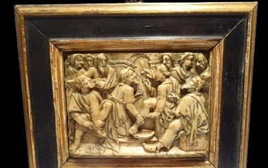 Superb relief panel carved in alabaster from Mechelen - The washing of the feet - Renaissance - Alabaster - 16th / 17th Century