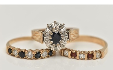 THREE 9CT GOLD GEM SET RINGS, the first a sapphire and diamo...