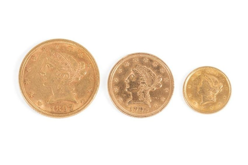 THREE US LIBERTY HEAD GOLD COINS, $5, $2.5, & $1