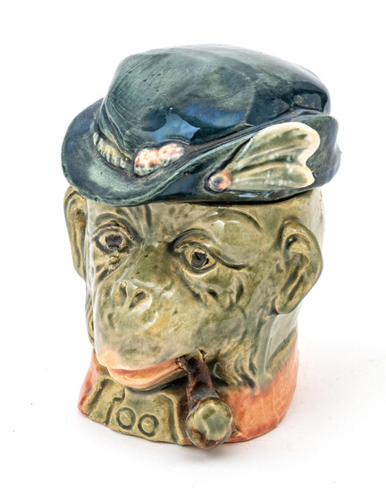 TOBACCO JAR, MONKEY HEAD C 1880 H 4.5"