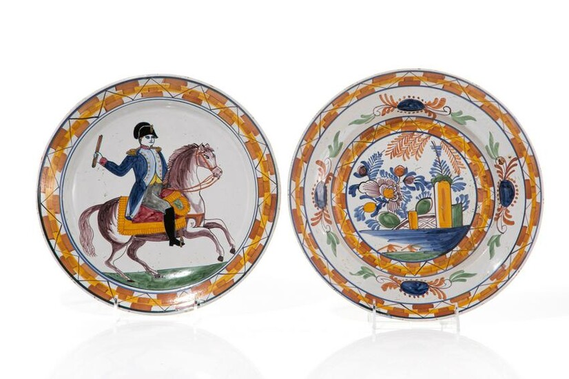 TWO 18TH C FRENCH FIGURAL FAIENCE POTTERY CHARGERS