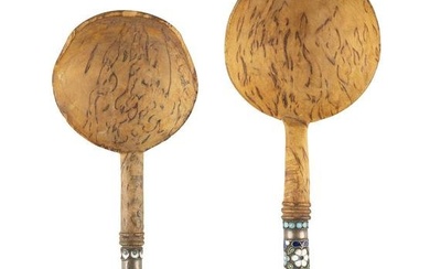 TWO BIRCHWOOD AND CLOISONNE ENAMEL SPOONS Russian, St. P