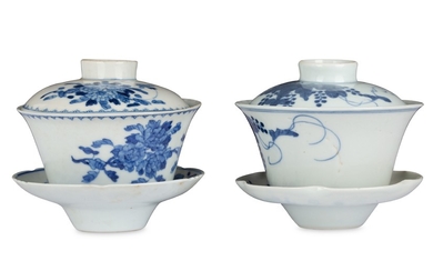 TWO CHINESE BLUE AND WHITE TEA BOWLS, COVERS AND STANDS.