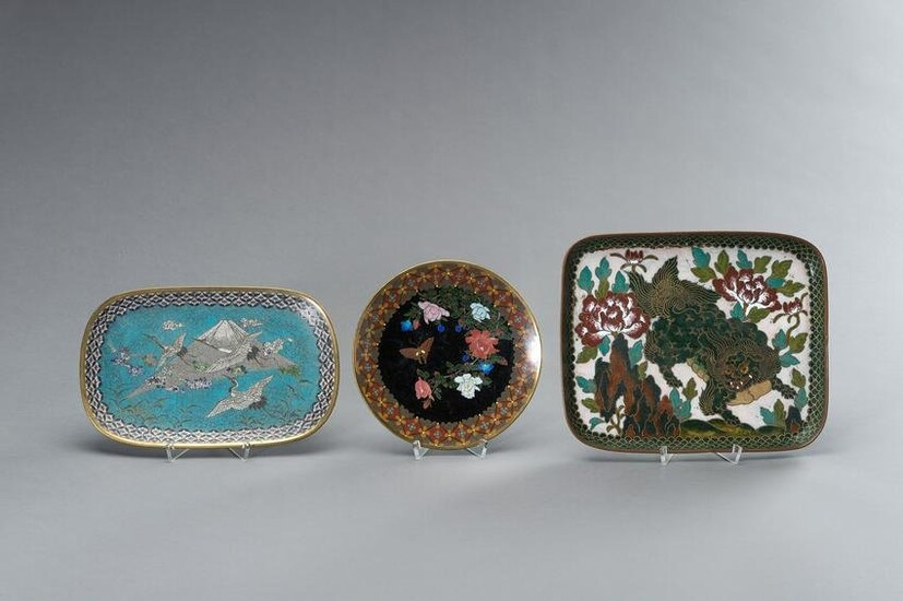 TWO CLOISONNE TRAYS AND ONE CLOISONNE DISH