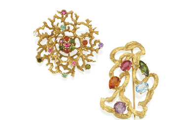 TWO GOLD AND GEM-SET BROOCHES