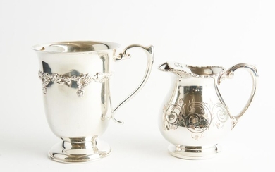 TWO HEAVY SILVER PLATED WATER JUGS WITH ICE CATCHERS AND ENGRAVED AND CAST DECORATION, ONE BY COOPER BROTHERS AND THE OTHER CRUSADER...
