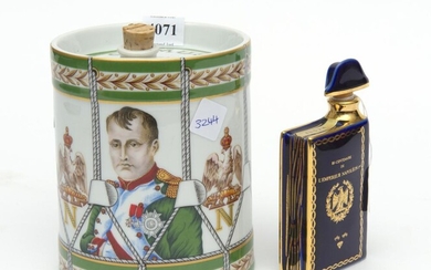 TWO PORCELAIN CAMUS COGNAC NAPOLEON III COMEMORATIVE BOTTLES, ONE IN THE FORM OF A BOOK, THE OTHER IN THE FORM OF A BARREL, THE BARR...