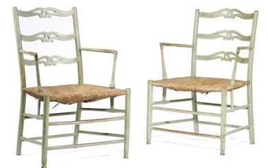 TWO SIMILAR PAINTED ASH COUNTRY OPEN ARMCHAIRS PROBABLY...