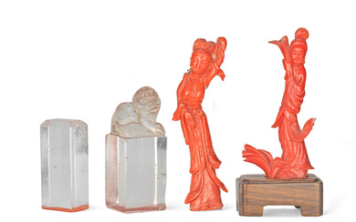 TWO SMALL CORAL FIGURES OF LADIES AND TWO ROCK CRYSTAL...