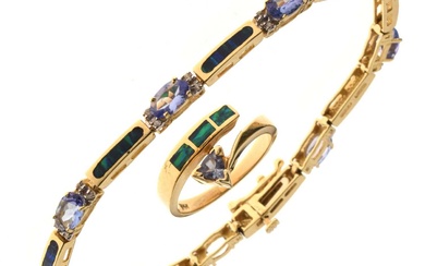 Tanzanite, diamond and synthetic opal 14ct yellow gold panel bracelet
