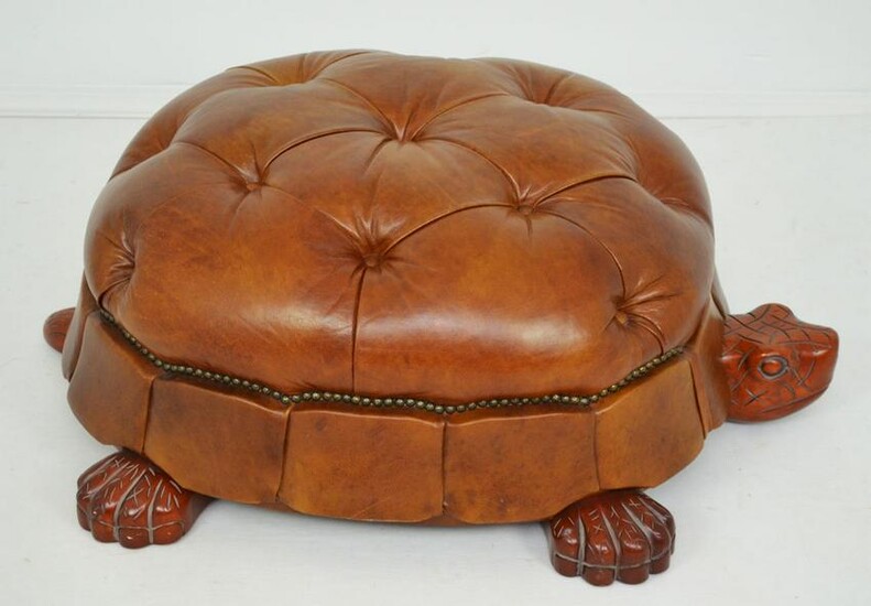 The Coolest Large Leather & Wood Turtle Ottoman