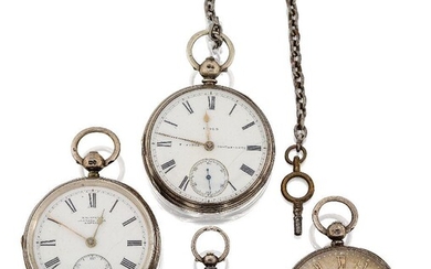 Three 19th century silver key-wind pocket watches and a 19th century silver key-wind fob watch, comprising: one pocket watch with white enamel dial with Roman numerals and subsidiary seconds, signed J. W. Benson Ludgate Hill London, the lever...