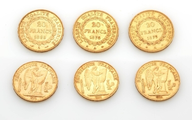 Trois pièces de vingt francs en or à l'effigie de la république française 1875, 1878...