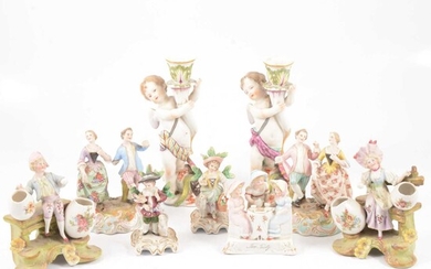 Two Meissen Marcolini type figural candlesticks, and other ornaments