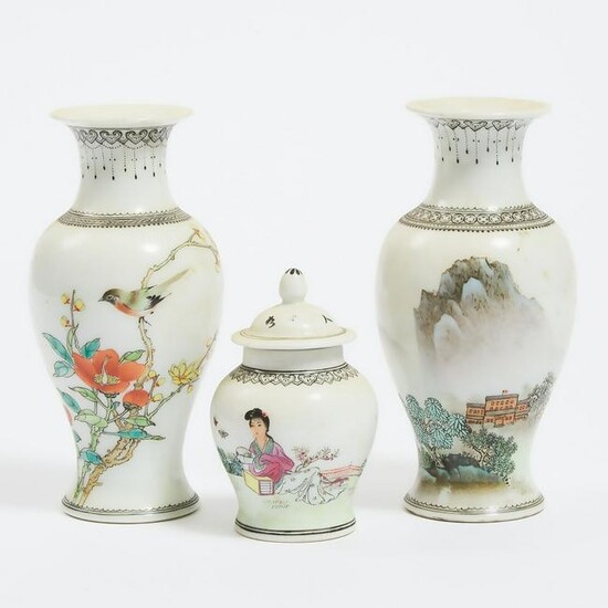 Two Small Grisaille and Enamel Porcelain Vases