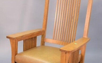 Two Stickley pieces, oak rocking chair with leather