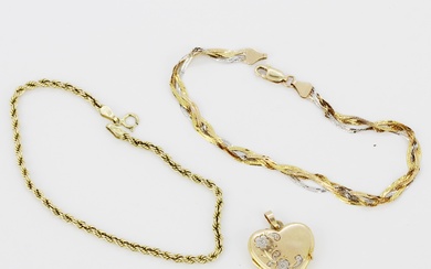 Two hallmarked 9ct gold bracelets, l. 19cm, together with a 9ct yellow gold heart locket pendant.
