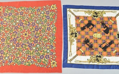 Two silk scarves, Hermès jewels pattern and Antoines
