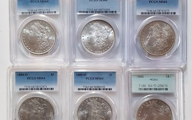 USA - Dollars (Morgan) Dollar . 1881-S+1882+1883-O+1884-O+1885-O+1886 (6 coins) in PCGS Slabs - Silver