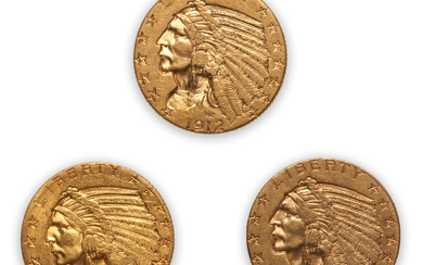 United States Three Indian Head $5 Half Eagle Gold Coins.