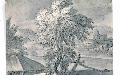 Unknown draughtsman of about 1600, Landscape with farmstead and tree, pen and brush in gray on