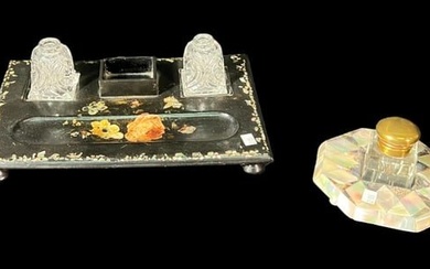 VICTORIAN INKWELL SET W MOTHER OF PEARL INLAY