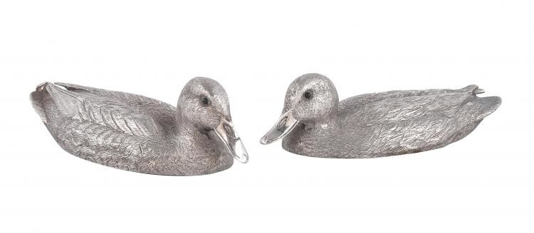 Val Bennett (b. 1923) for Hancocks, a pair of silver models of quarter size mallard ducks by C. F. Hancock & Co.
