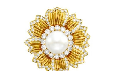Van Cleef & Arpels Gold, South Sea Cultured Pearl and Diamond Flower Clip-Brooch