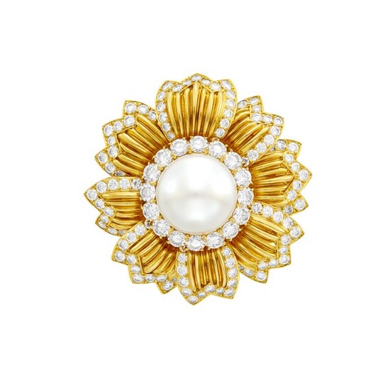 Van Cleef & Arpels Gold, South Sea Cultured Pearl and Diamond Flower Clip-Brooch