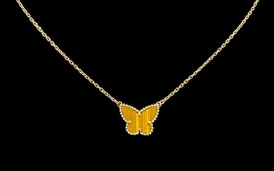 Van Cleef & Arpels Lucky Alhambra Butterfly Pendant 18K Yellow Gold & Tiger Eye