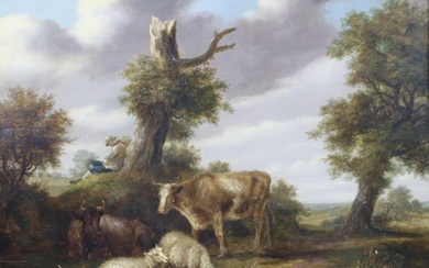 Vee en rustende herder in landschap