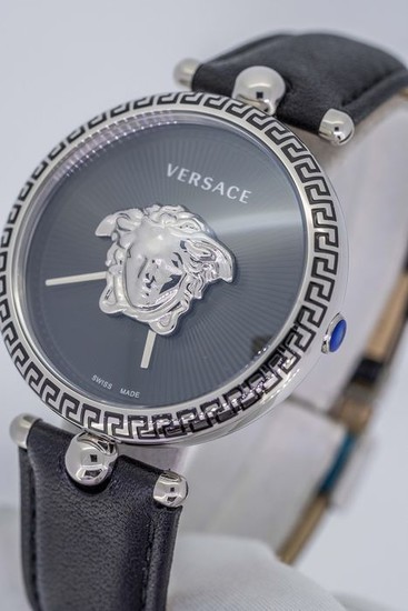 Versace - Palazzo Empire Black and Silver Dial 39 MM Black leather strap Swiss Made- VCO060017 - Women - Brand New