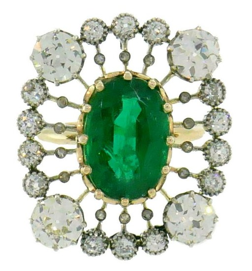 Victorian Emerald Diamond Silver Yellow Gold RING 1900s