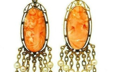 Victorian Yellow Gold Coral Cameo Pearl Tassel Earrings