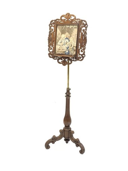 Victorian rosewood and brass music stand, floral fretwork frame...
