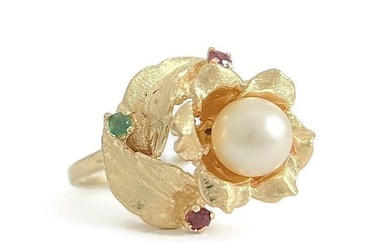 Vintage 1950's Pearl Ruby Emerald Cocktail Ring 14K Yellow Gold, 6.49 Grams